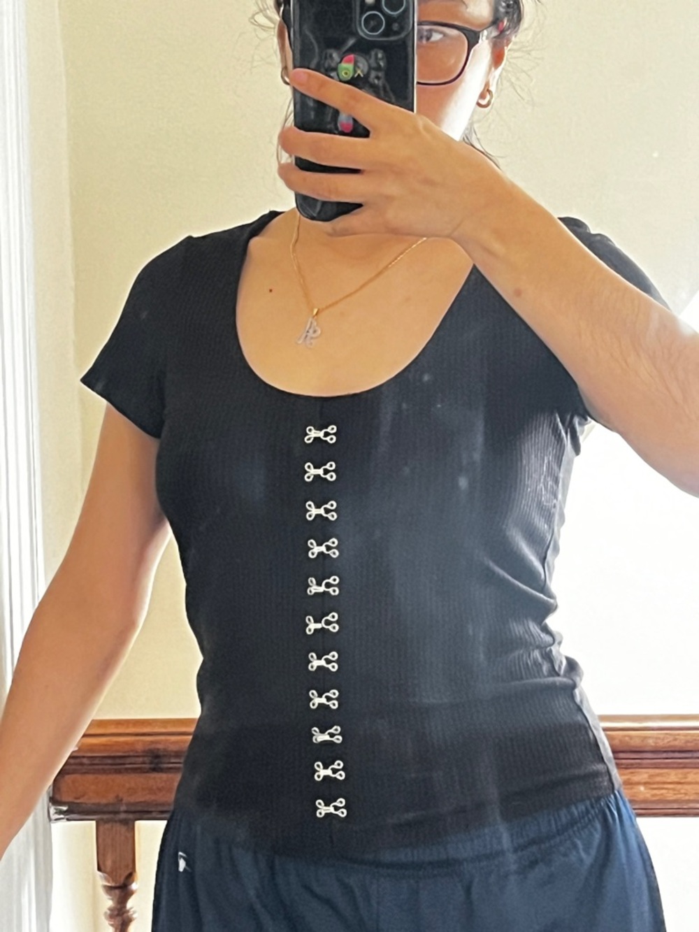 Black Hook-Front Ribbed Scoop Neck Top